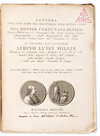 Benigni, Fortunato. Authors Presentation Copy with ALS. Lettera Sugli Scavi Fatti nel Circondario dellAntica Treja.